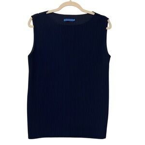J McLaughlin Pleated Boatneck Sleeveless Blouse Navy Blue XL Modest Chic